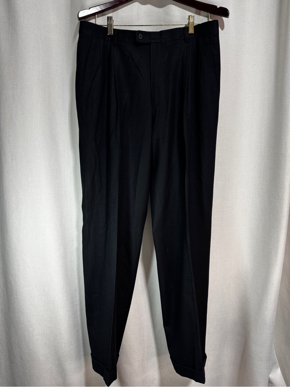Zanella Men Black Pleated Front Cuff Hem Pure Wool Vintage Dress Pants 34/30